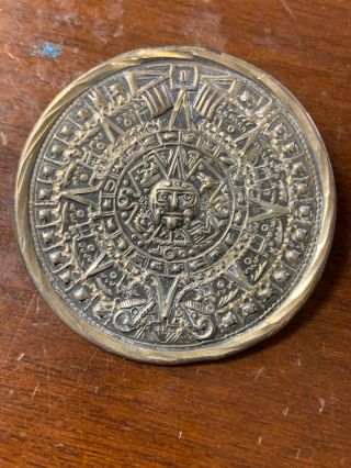 Vintage Mexico Sterling Silver Mayan Aztec Sun Dial Pendant Brooch