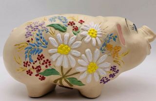 Vintage Hand Painted Flowers Ceramic Piggy Coin Bank 1980 Signed Large 11 3/4” L