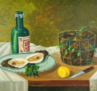 Stewart Wheeler Antique Primitive Oyster Dinner Still Life Oil On Canvas
