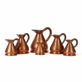 Six Vintage Graduated Copper Measuring Jugs Early 20th C.
