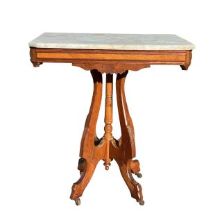 Antique Eastlake Victorian Carved Walnut Marble Top Side Table