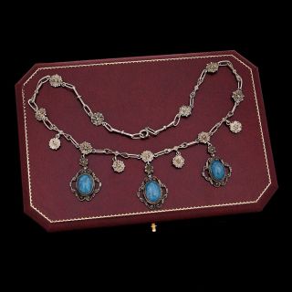 Antique Vintage Nouveau Sterling Silver Etruscan Lapis Lazuli Festoon Necklace