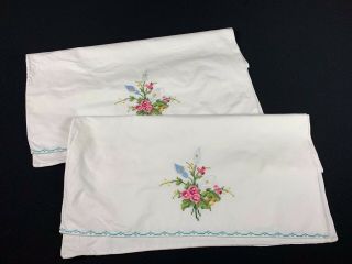 Vintage White Cotton Pillowcases Cross Stitch Embroidery Flowers