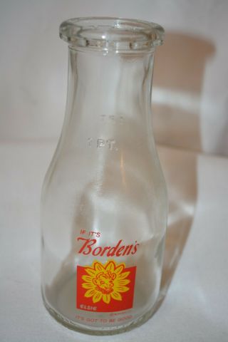 Vintage Bordens 1 Pint Glass Milk Bottle,  Elsie Cow Dairy