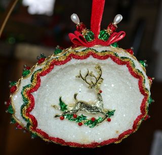 Vintage Handcrafted Sugar Foam,  Beaded Diorama Christmas Tree Ornament,  Reindeer