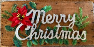 Vintage Plastic Merry Christmas Sign W Poinsettia & Greenery Silver Glittery