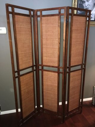 Vintage 60s Mid Century Modern Walnut Wood Screen Room Divider Woven Tri Fold