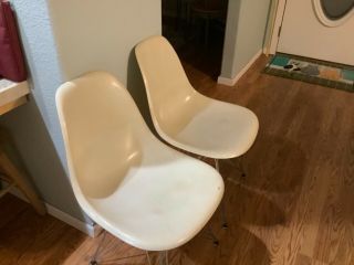 Vintage 1957 Herman Miller Eames White Fiberglass Chairs (2)