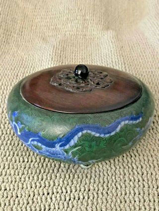 Antique Stunning Chinese Ceramic Footed Bowl Blue Green Dragon Signed Asian Nr