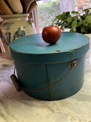 Antique Primitive Best Turquoise Blue Paint Pantry Box With Bale Handle Large