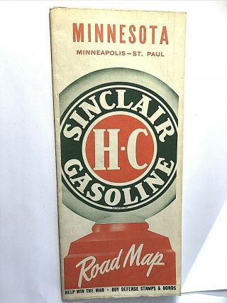 Vintage 1942 Sinclair H - C Gasoline Road Map State Of Minnesota
