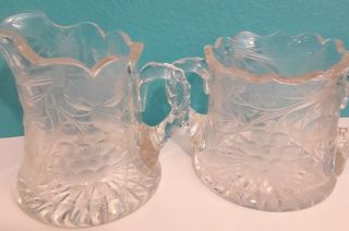 Vintage Crystal Etched Creamer And Sugar Bowl With Grapes & Leaves Pattern