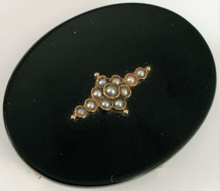 Antique Victorian 14k Yellow Gold Mourning Hair Brooch Onyx Seed Pearl