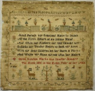 Early 19th Century Stags,  Motif & Verse Sampler By Sarah Ridsdale Aged 8 - 1816