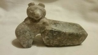 Vintage Inuit Carved Soapstone Eskimo Polar Bear Sculpture Dish