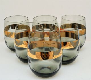 Vintage Set Of 6 Rolly Polly Martini Glasses Tumblers Heraldic Smoked Gold
