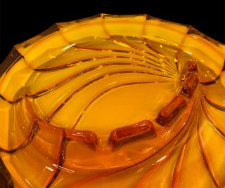 Vintage Unique Amber Glass Ashtray Swirl Pattern Point Edges Center Holder Heavy