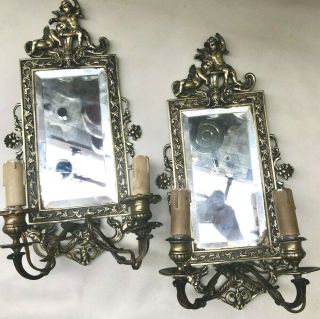 Antique French 1880s Heavy Brass Cherub Candle Sconces With Mirrors