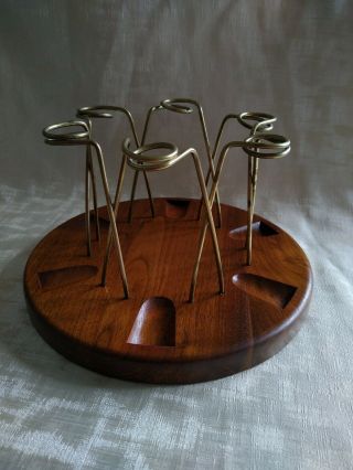 Vintage Mid Century Pipe Holder American Walnut And Brass 6 Pipe Holders