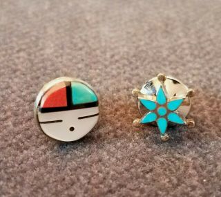 2 Vintage Zuni Inlay Sterling Silver Turquoise Star & Sun Face Tie Tacks