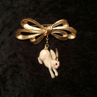Darling Phister Vintage Bow Brooch & Enamel Bunny Rabbit Charm Easter
