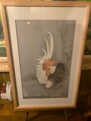 Antique Htf Ohara Koson Shoson Japanese Color Woodblock Rooster Hen Cock Gift Nr