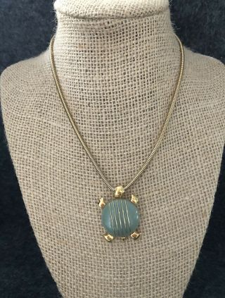 Vintage Crown Trifari Turtle Necklace Pendant Gold Tone Green Lucite 15 Inches