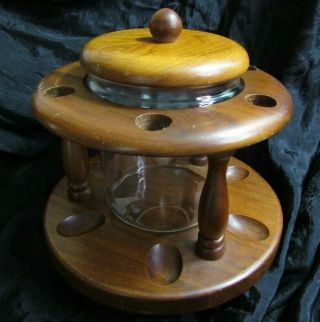 Vtg Duk - It Mcdonald Walnut 6 Pipe Stand Holder With Tobacco Jar Humidifier