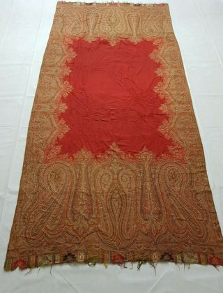 Antique French Paisley Kashmir Shawl Woolen Multi Color 308x142cm