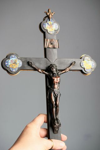 ⭐ Antique Religious Cross,  Crucifix,  Bronze Enamel,  Bronze Christ,  Ebony Wood 19c