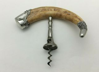 Fabulous American Antique Sterling Silver & Wild Boar Tusk Corkscrew 
