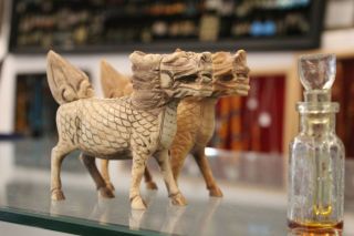 Vintage Old Bovine Yak Bone Carved Details Foo Fu Dogs Fu Lion Figure Statue