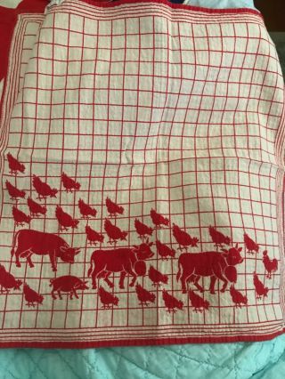 Vintage Red And Cream Farmhouse Kitchen Towel,  Cows,  Chickens