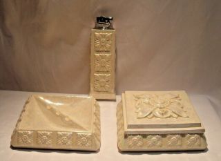 3 Piece Smokers Set Ceramic Ashtray Lighter Cigarette Or Tobacco Covered Dish