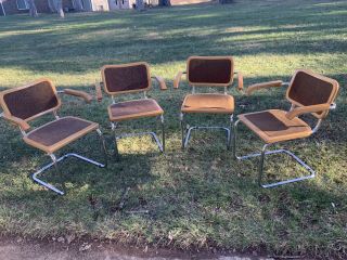 Set (4) Vintage Marcel Breuer Cesca Chrome Cantilevered Upholstered Arm Chairs