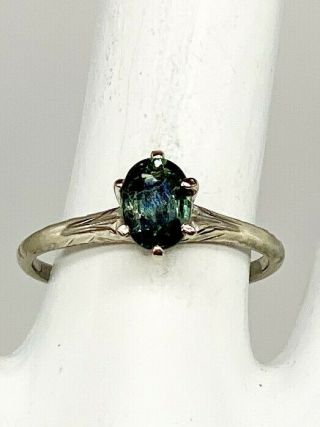 Antique 1920s $2400 1.  25ct Natural Blue Green Sapphire 14k White Gold Ring 2
