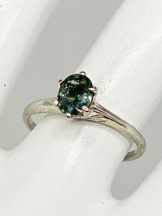 Antique 1920s $2400 1.  25ct Natural Blue Green Sapphire 14k White Gold Ring 4