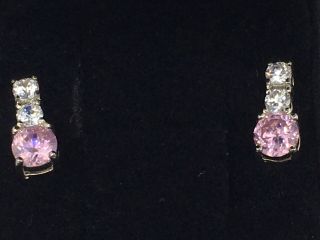 Vintage Pink And Clear Rhinestone Sterling Silver 925 Pierced Stud Earrings