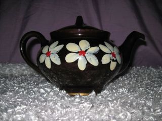 Vtg Royal Canadian Art Pottery Brown Betty Style Ceramic Teapot White Flower
