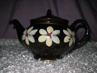 Vtg Royal Canadian Art Pottery Brown Betty Style Ceramic Teapot White Flower 3