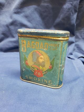 Antique Bagdad Short Cut Pipe Smoking Tobacco Tin Litho Vertical Pocket Can