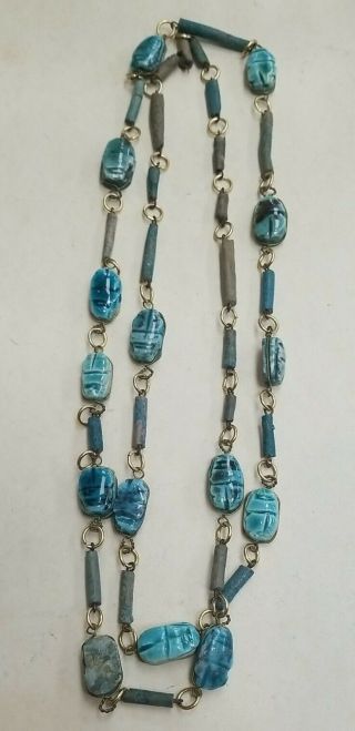 Vtg Turquoise Glazed Ceramic Clay Scarab Beetle Necklace 36 "