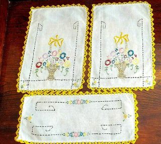Set Of 3 Vintage Embroidered Doilies Flower Basket Bows Gold Color Lace Trim