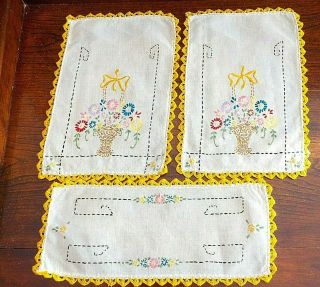 Set Of 3 Vintage Embroidered Doilies Flower Basket Bows Gold Color Lace Trim 2