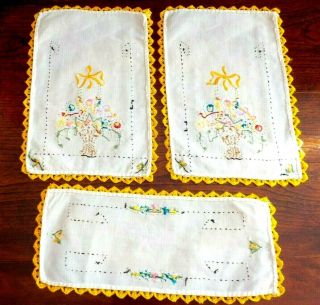Set Of 3 Vintage Embroidered Doilies Flower Basket Bows Gold Color Lace Trim 3