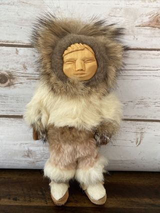 Vintage Alaskan Souvenier Eskimo Doll Wood Real Fur Leather