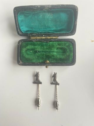 Two Silver Tie Stick Pins - Hinds Heads Antique Whitbread Style,  Vintage Case