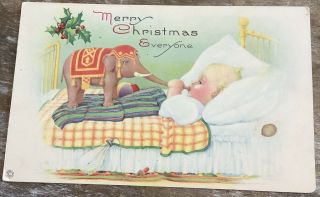 Vintage Christmas Postcard Little Boy With Toy Elephant