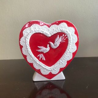 Vintage Ceramic Valentine Heart Planter With Doves And Lace
