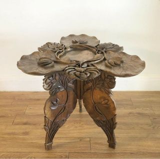 Anglo Indian Carved Lotus Table Antique Lily Pad Hardwood Oriental Vase Stand